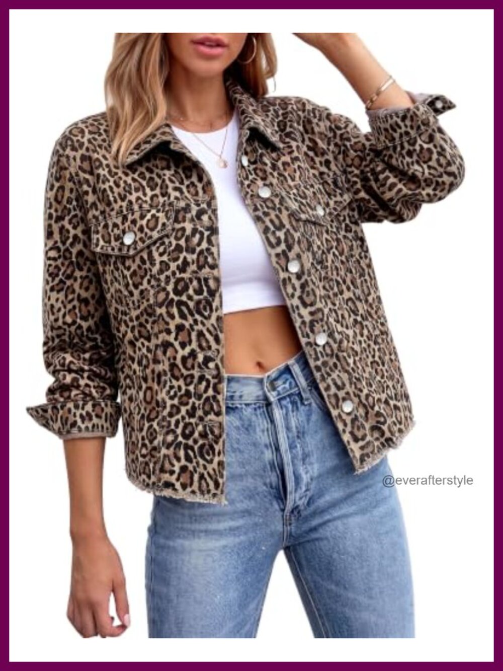 GRAPENT Leopard Print Denim Jacket Frayed Hem Stretchy Cotton